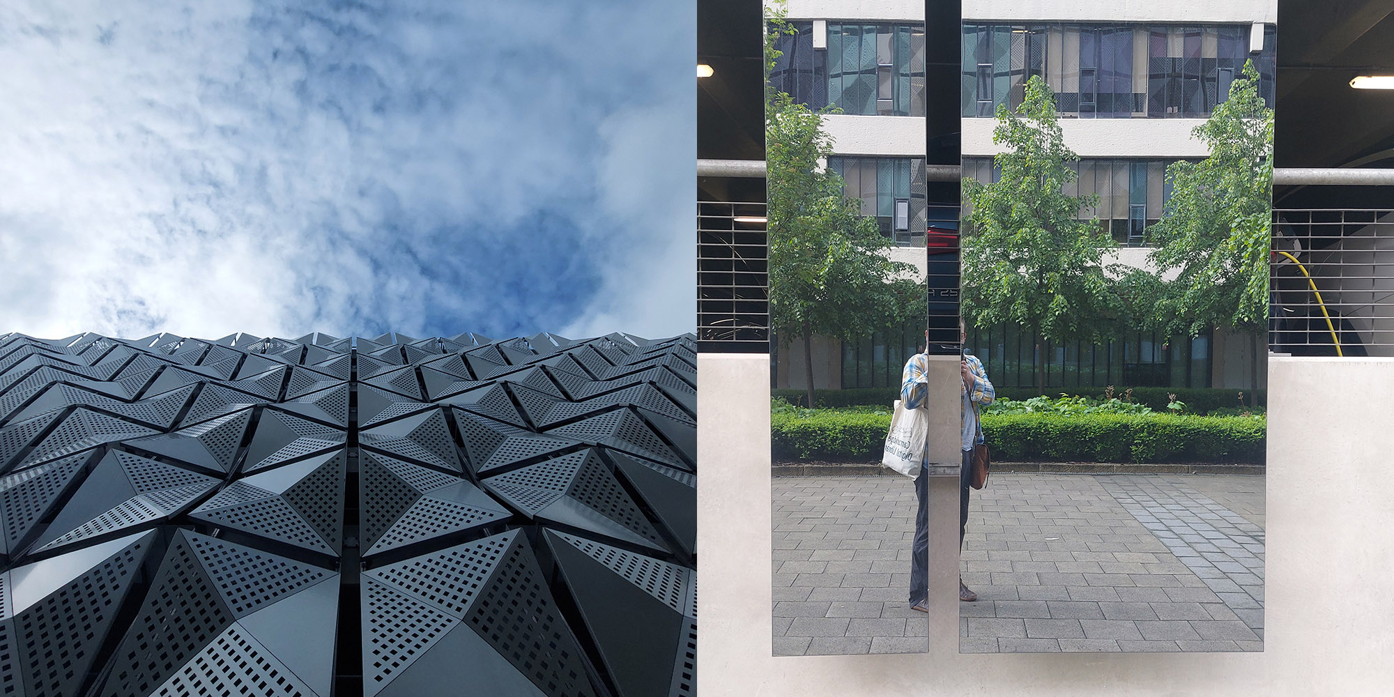 Arriving at the University of Leeds. A very modern angular car park and a self portrait reflection in a mirrored surface