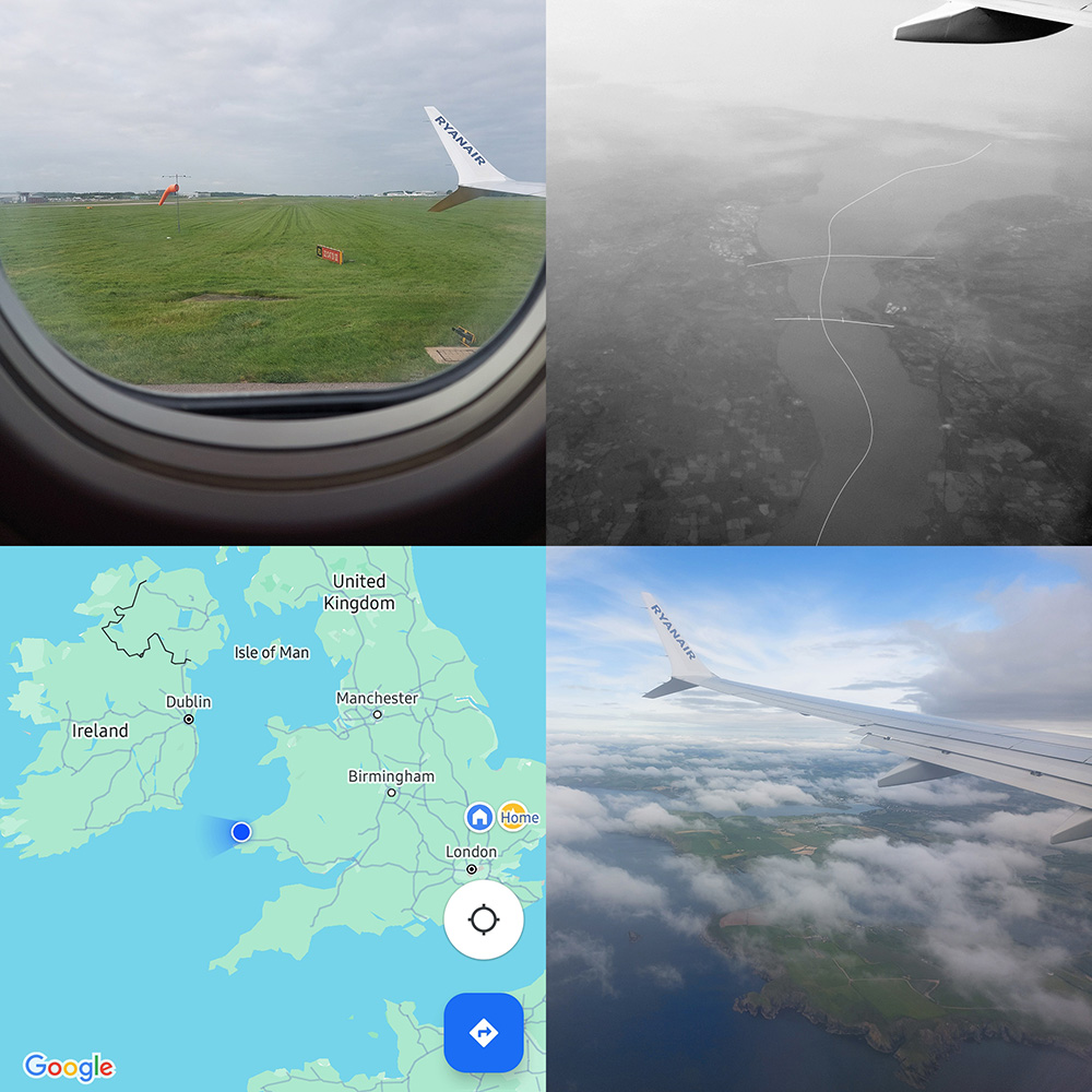 Image: Four images capturing the journey from Cambridge to Cork. The top-left is a photo from the plane window as it taxi's to the runway, besides which there is green grass and a wind-sock blowing. The top-right image is a black and white photo taken from the plane window whilst flying over the River Severn. The Severn Bridge, the M4 Severn Crossing, and the centre line of the river as it meanders into the Bristol Channel have all been highlighted by overlaying thin white lines. The bottom-left image is a screenshot from Google Maps showing the location of the plane as it passes over the Pembrokeshire Coast in Wales and out over the sea towards Ireland. The bottom-right photo shows a view from the plane window of the first glimpse of green on the approach to the Emerald Isle.