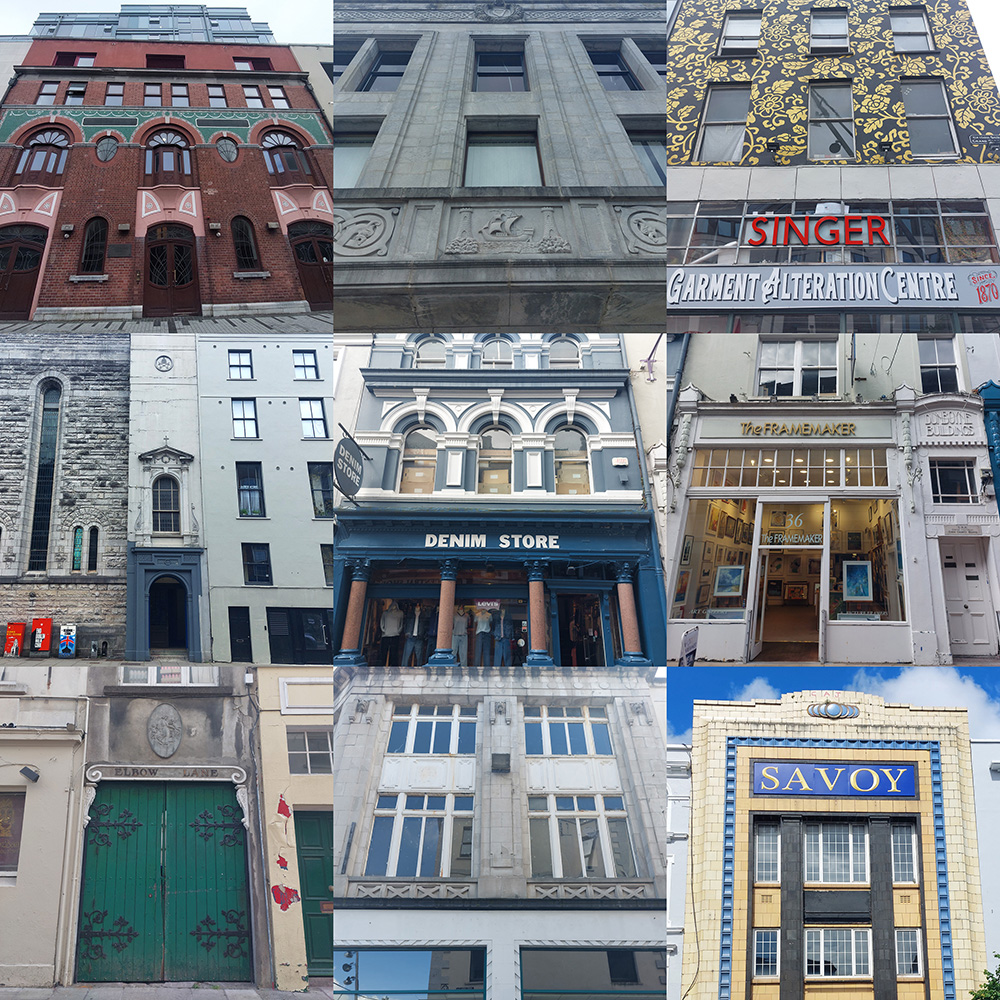 Image: Nine small photos of different building facades around the city of Cork. 1) An Art Nouveau building constructed from red brick with green and white mosaic details and dark wooden fittings. 2) Cork City Central Library, a decorative carving of a ship between two towers - the Cork Coat of Arms. 3) Singers Corner, a garment alteration centre in a distinctive late-Georgian building that has been decorated with elaborate gold on black floral designs. 4) A side entrance to St Augustine's Roman Catholic Church. 5) A late Victorian terraced shop front with elaborate architectural details including marble columns on the ground floor and round headed windows on the upper floors. 6) A shopfront with Art Nouveau and Art Deco decorative elements. 7) A carriage arch between buildings that has green painted timber doors with elaborate decorative iron hinges, that leads to Elbow Lane. 8) An Art Deco shop with limestone details. 9) The Savoy, an Art Deco former cinema front decorated with blue and yellow glazed tiles.