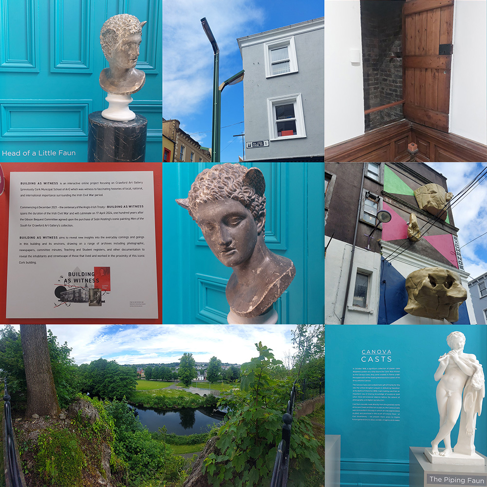 Image: A group of eight small photos of different cultural features around Cork, including details from the Crawford Art Gallery, Cork's urban sculpture trail and a view of UCC's Wildflower Meadow from the elevated position of the UCC Quadrangle.