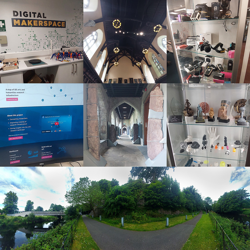 Image: A group of seven photos taken at or around the conference venue at University College Cork. They include photos of the 3D printing facilities in Digital Scholarship Studio, located in the UCC Library, as well as display cabinets of some 3D printed objects, and some of the equipment that is available for users to borrow, such as cameras, lighting and voice recorders. In addition to a screenshot of one of the resources being demonstrated during the Poster & Demo Session, there is a photo looking up at the grand gothic interior of the Aula Maxima, and the Ogham Stones standing like paladin in the cloisters of the north-wing of the Quadrangle. The final photo is a panoramic wide-angle view looking up at the tree covered cliff-face taken from the verdant bank of the River Lee - the Quadrangle building, which sits atop the cliff is obscured by trees and shrubs.