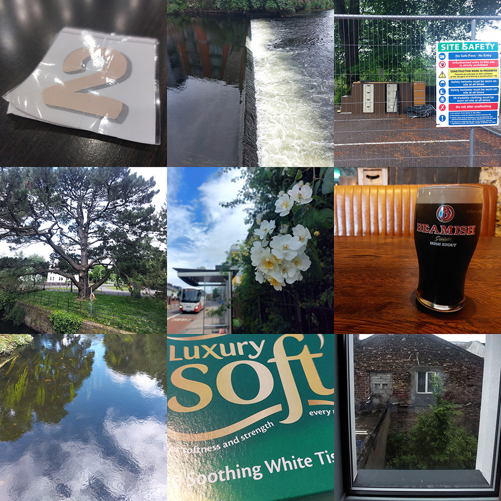 Image: Nine small photos that capture experiential aspects of the trip. In the top-left, a photo of a well-used laminated number "2" - in-lieu of a computerised system at a fast-food restaurant. A photo of a shallow weir that steps the course of the the River Lee, upstream to the left the water is dark and calm, reflecting the buildings that overlook the river, but the water downstream to the right is so lively and white with bubbles that there are no reflections. In the top-right a photo shows a variety of different filing cabinets grouped together in a fenced-off area, a safety sign on the fence warns against unauthorised entry and the protection that must be worn - Maybe the filing cabinets bite? On the left, a photo shows a large pine tree with lanky branches looms over the river and its bank. The central photo shows a rambling creamy-white dog-rose surrounding a bus stop shelter with its scent as a bus approaches. To the right there is a photo of a pint of Beamish Black on a pub table. In the bottom-left corner a photo of the river shows a blending conditions - in some areas there are bright green river weeds pointing in the direction of the flow, but in other areas the fluffy white clouds are reflected from the surface, but there are many tiny eddies and ripples in the current that cause much blurring between the areas. The next photo shows a green and gold "Luxury Soft" tissue box that advertises the soothing strength of the tissues contained. In the bottom-right, a photo looks out from my hotel room onto a scruffy "wild" abandoned space between it and the next building, on which can be seen many alterations and crumbling brick-work.