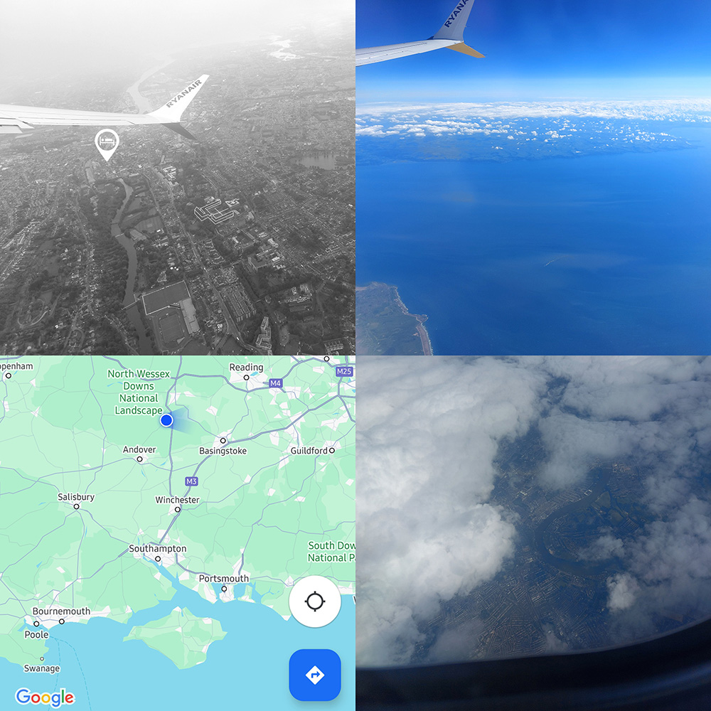 Image: A group of four photos relating to the journey home to Cambridge. The top-left is black and white image showing the view of Cork from the plane window, the location of my hotel is marked with a white "hotel" icon and the outline of the Quad and Aula Maxima at UCC is highlighted by fine white lines drawn onto the photo. The top-right photo shows a view  of the mouth of the Bristol Channel from the plane, the Gower Peninsular pokes into the bottom-left corner, and the North Devon coast stretches along the upper half of the image, stretching out to the top-right corner, where Woolacombe Beach can just about be made-out. The bottom-left image is a screenshot from Google maps that shows the location of the plane as it flew over Hampshire, where I grew-up. Through the cloud, one of Thames' trademark grey meanders near Hammersmith appears as the plane begins to descend over London in the bottom-right photo.