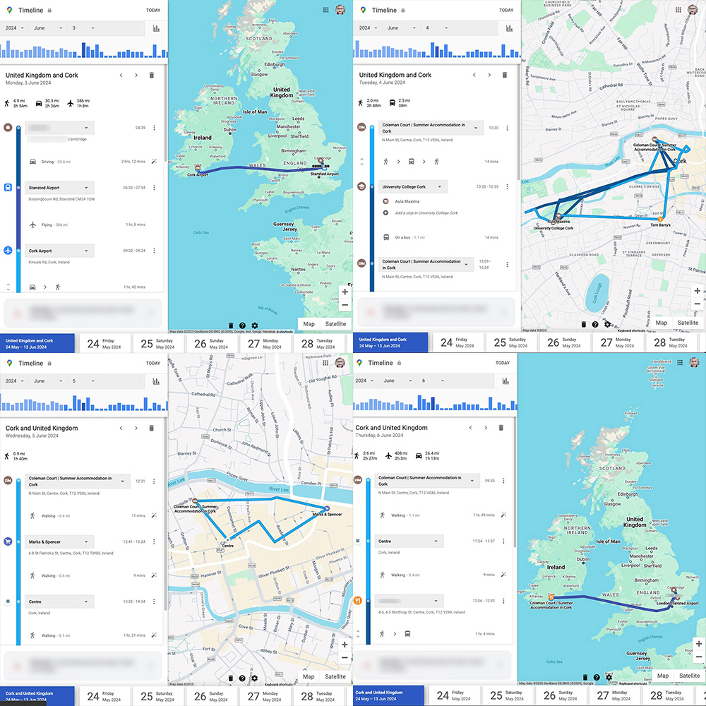 Image: Google Maps Timeline Screenshots: (top-left) 03/06/24 The journey from Cambridge to Cork, (top-right) 04/06/24 Conference Day 1: Traveling between my accommodation and University College Cork, (bottom-left) 05/06/24 Conference Day 2: A short trip to the pharmacy and shop for some supplies, (bottom-right) 06/06/24 A challenging day traveling back to Cambridge.