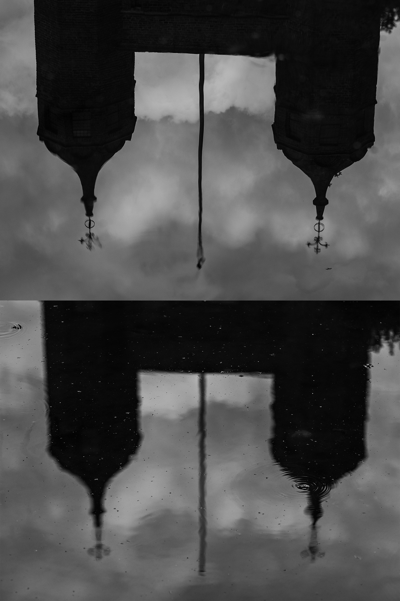 Image: Two black and white photos of the same scene arranged one above the other. The scene shows two of Melford Hall's turrets and flag pole reflected in the surface of the pond -  The upper photo is focussed on the reflection, the lower is focussed on the water surface, which has ripples and a pond skater.