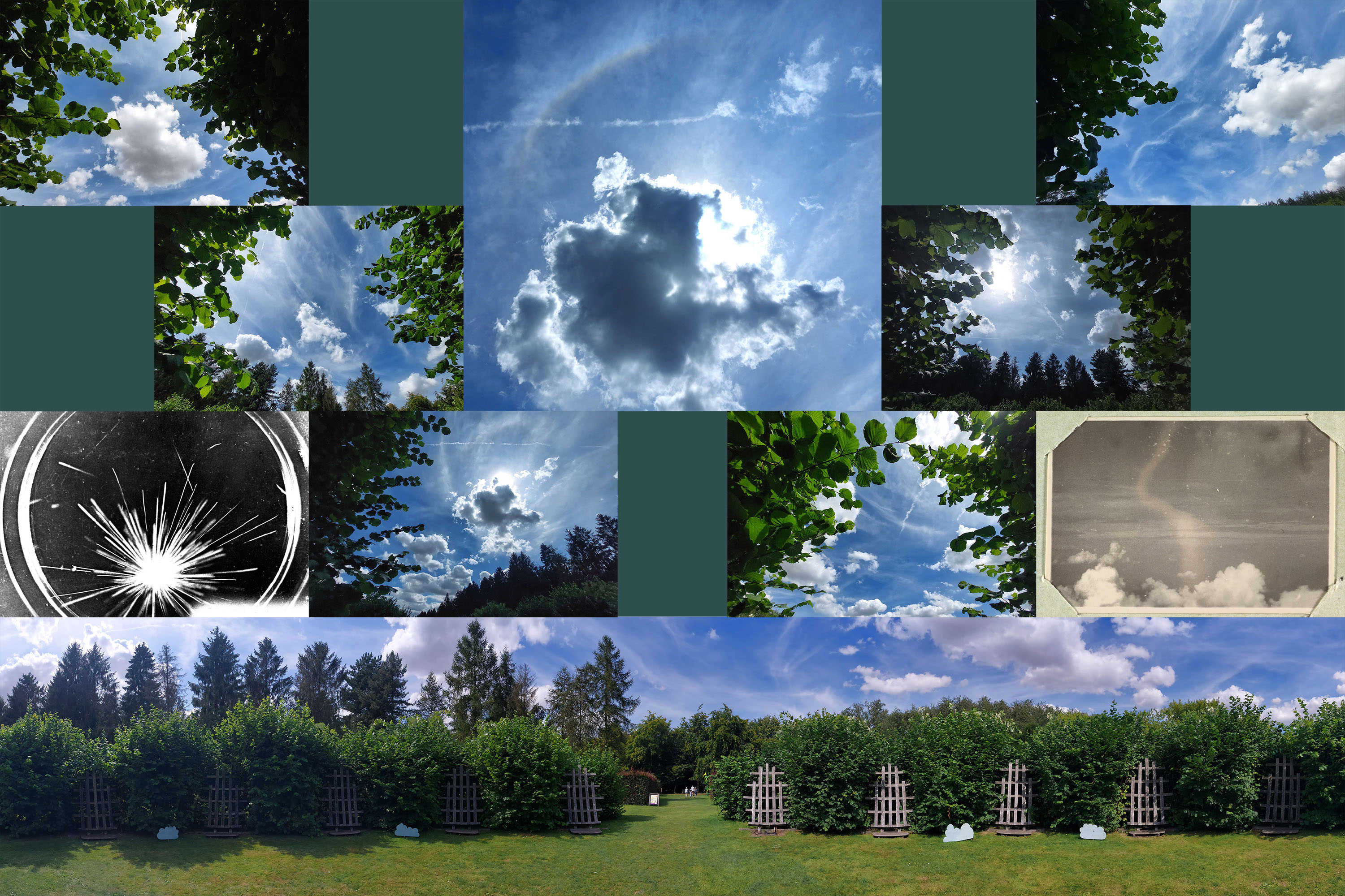 Image: A collage of images, a panorama along the bottom edge shows ten of the supports in a line. Above this are seven photographs taken whilst leaning back in different supports and looking up at the sky from different angles, there are all sorts of cloud formations. To either side, there are also two images found through searching for "clouds" in Cambridge Digital Library.