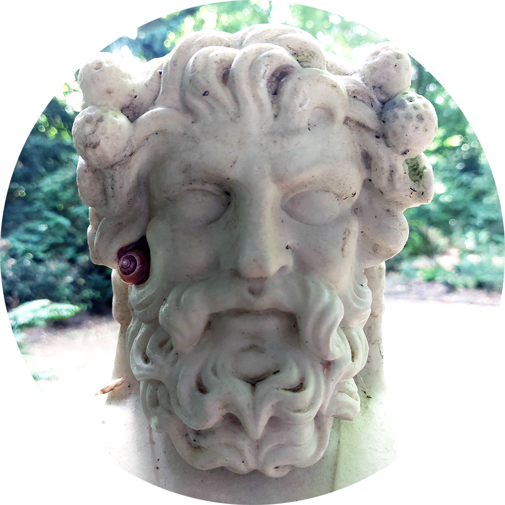 Image: A marble herm of Zeus, king of the gods, with thick wavy hair and beard wearing a wreath of oak, a live snail nestles in his ear like a piece of jewellery or an earbud perhaps.