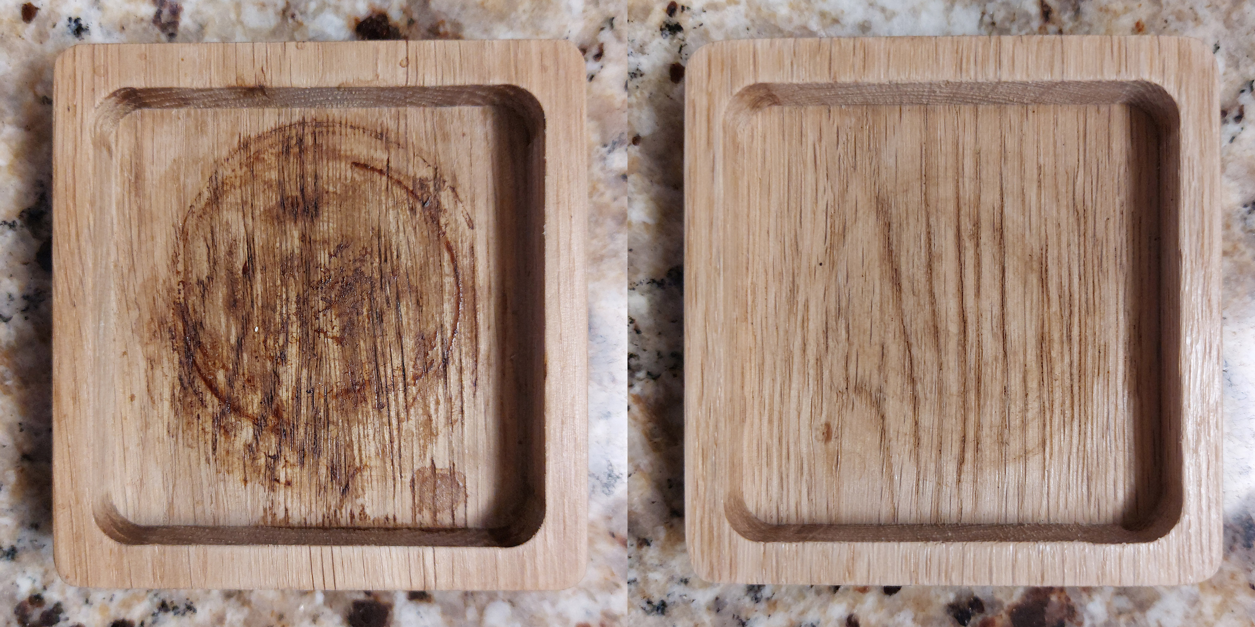 Two square wooden coasters.