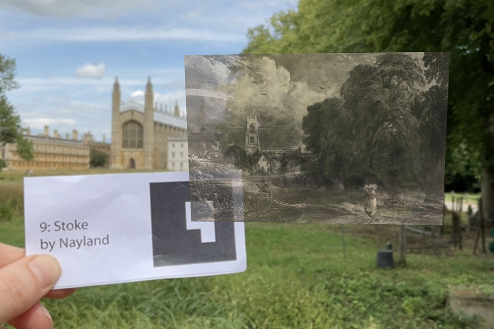 A view of Kings College Chapel, Cambridge, as a surrogate site, showing Constable's Stoke-by-Neyland print in augmented reality