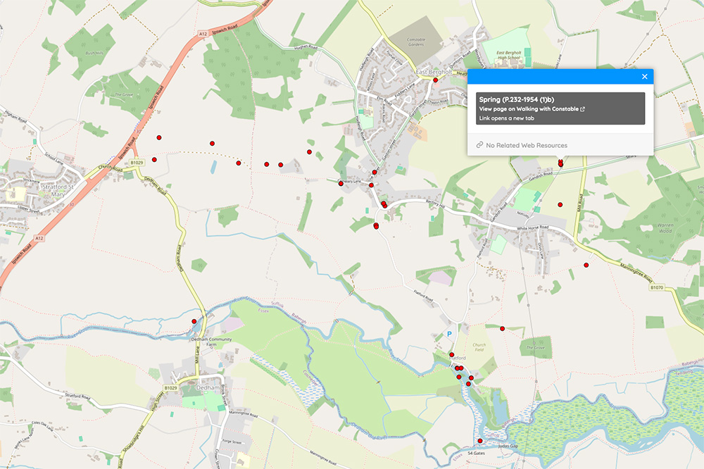 A map visualising digital objects from the Walking with Constable project